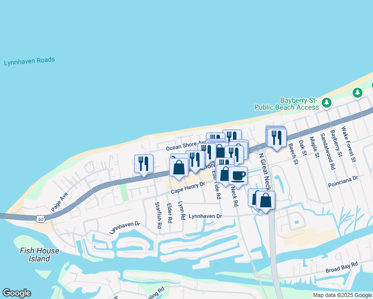 map of restaurants, bars, coffee shops, grocery stores, and more near 2329 Sea Shell Road in Virginia Beach
