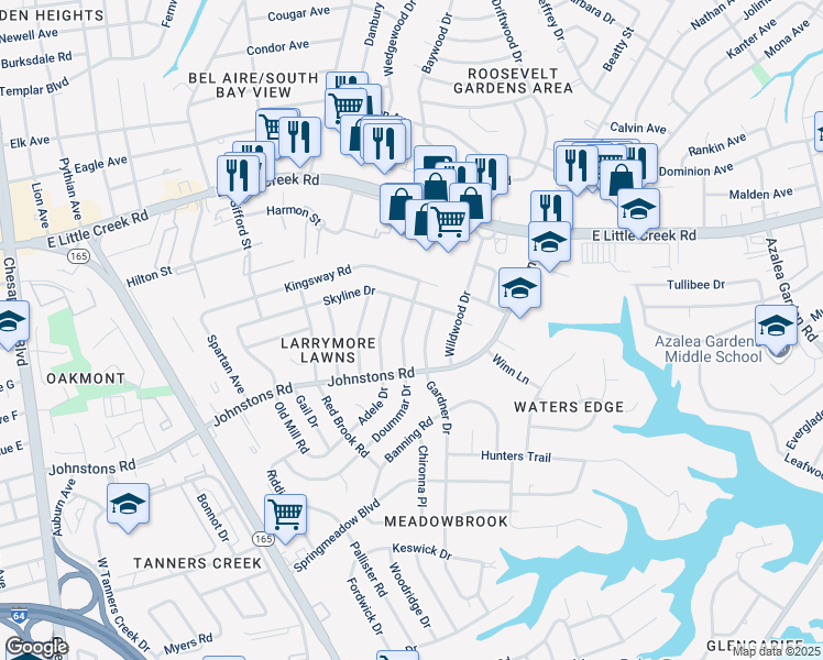 map of restaurants, bars, coffee shops, grocery stores, and more near 7420 Doummar Drive in Norfolk