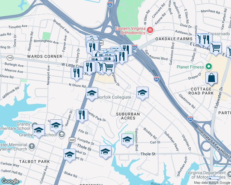 map of restaurants, bars, coffee shops, grocery stores, and more near 114 Cromwell Parkway in Norfolk