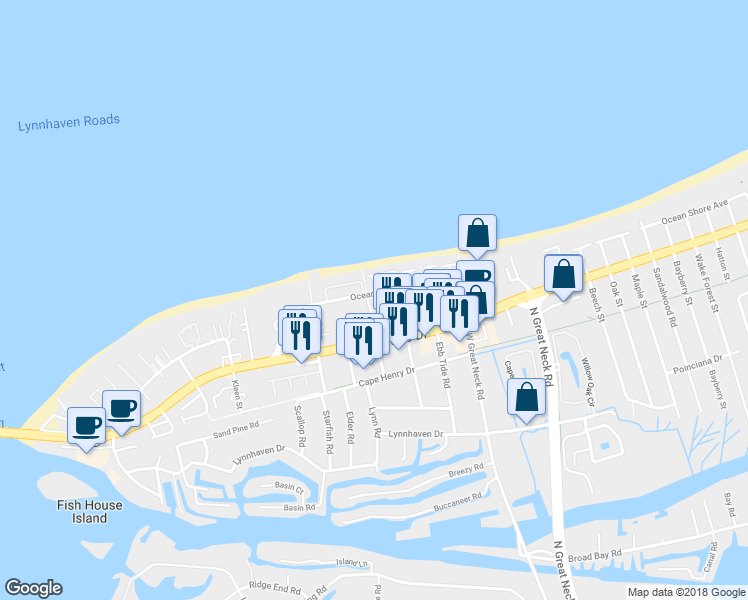 map of restaurants, bars, coffee shops, grocery stores, and more near 2328 Sea Shell Road in Virginia Beach
