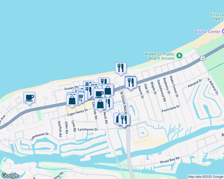 map of restaurants, bars, coffee shops, grocery stores, and more near 2988 Shore Drive in Virginia Beach