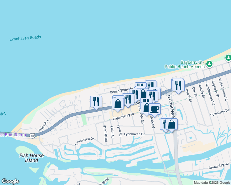 map of restaurants, bars, coffee shops, grocery stores, and more near 2325 Sea Shell Road in Virginia Beach