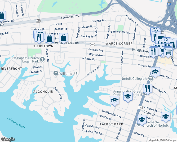 map of restaurants, bars, coffee shops, grocery stores, and more near 7403 Abbott Lane in Norfolk