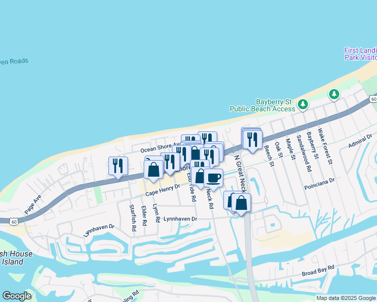 map of restaurants, bars, coffee shops, grocery stores, and more near 2307 Sandollar Court in Virginia Beach