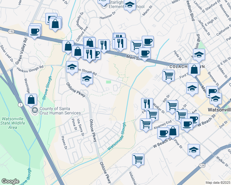 map of restaurants, bars, coffee shops, grocery stores, and more near 66 Blackbird Circle in Watsonville