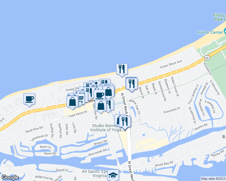 map of restaurants, bars, coffee shops, grocery stores, and more near 2984 Shore Drive in Virginia Beach