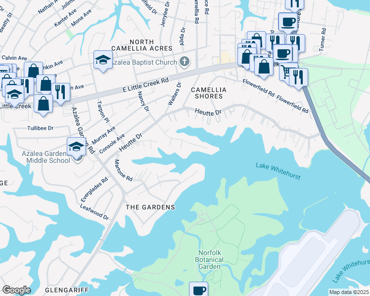 map of restaurants, bars, coffee shops, grocery stores, and more near 7623 Vicksburg Court in Norfolk