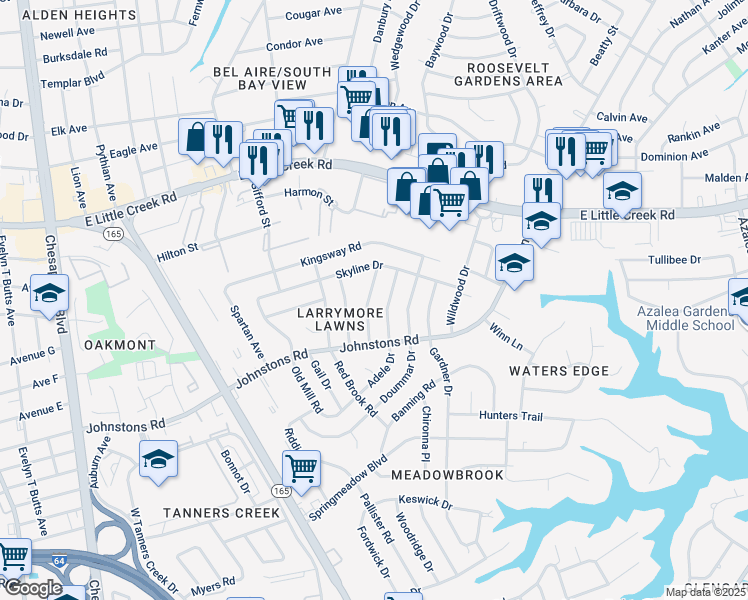 map of restaurants, bars, coffee shops, grocery stores, and more near 7420 Adele Drive in Norfolk