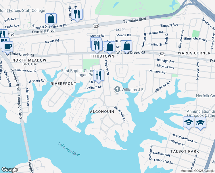 map of restaurants, bars, coffee shops, grocery stores, and more near 7454 Diven Street in Norfolk