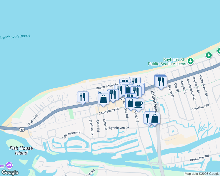 map of restaurants, bars, coffee shops, grocery stores, and more near 2329 Red Tide Road in Virginia Beach