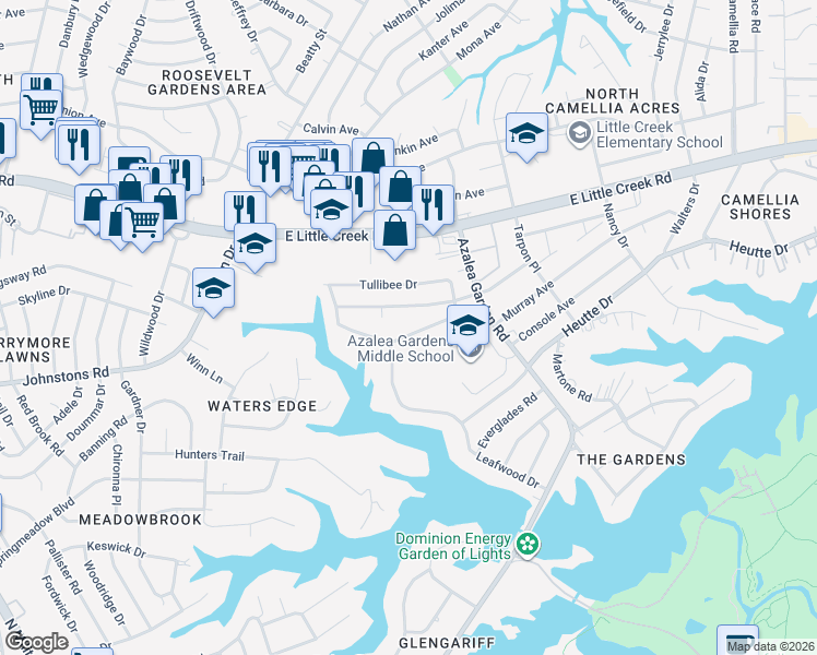 map of restaurants, bars, coffee shops, grocery stores, and more near 2465 Stribling Lane in Norfolk
