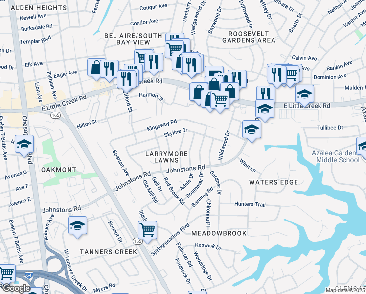 map of restaurants, bars, coffee shops, grocery stores, and more near 7420 Adele Drive in Norfolk