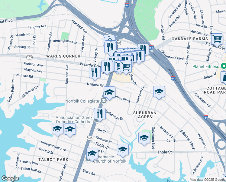 map of restaurants, bars, coffee shops, grocery stores, and more near 100 Suburban Parkway in Norfolk