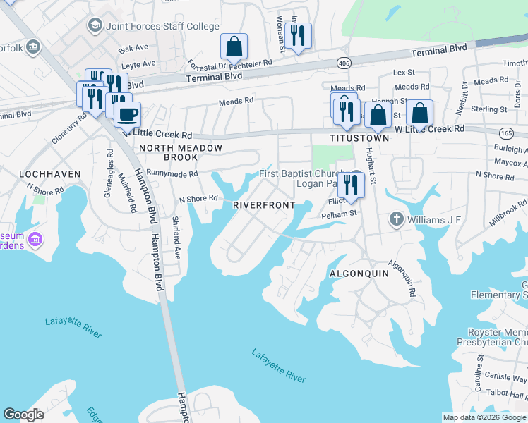 map of restaurants, bars, coffee shops, grocery stores, and more near 1322 North Shore Road in Norfolk