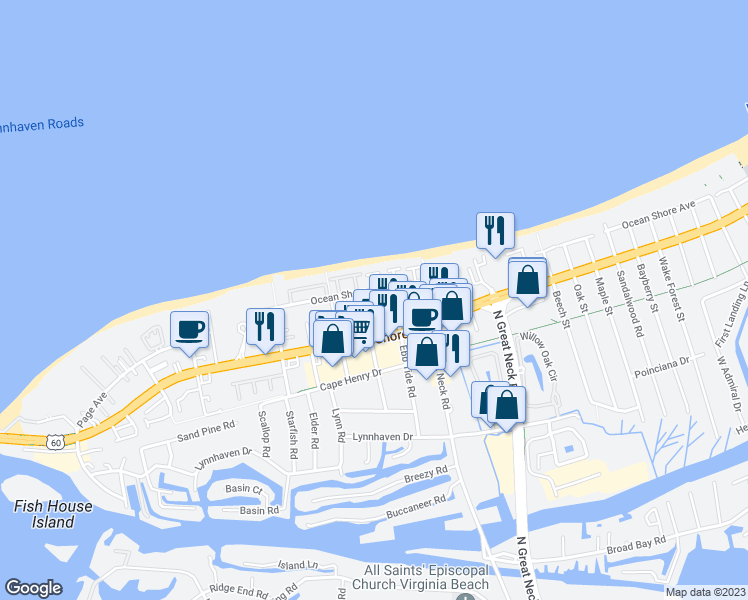 map of restaurants, bars, coffee shops, grocery stores, and more near 2329 Red Tide Road in Virginia Beach