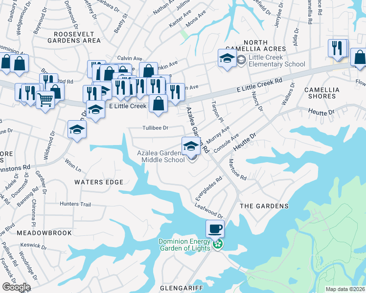 map of restaurants, bars, coffee shops, grocery stores, and more near 2489 Stribling Lane in Norfolk