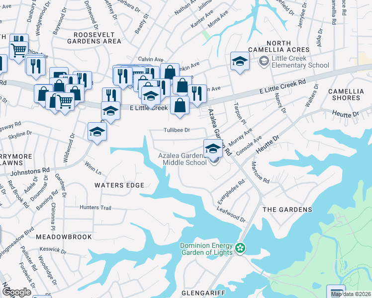 map of restaurants, bars, coffee shops, grocery stores, and more near 2465 Stribling Lane in Norfolk