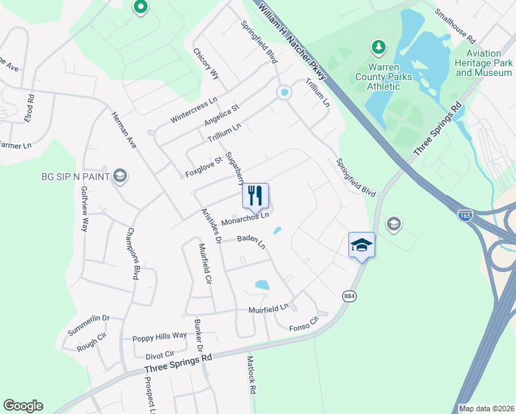 map of restaurants, bars, coffee shops, grocery stores, and more near Sugarberry Avenue in Bowling Green