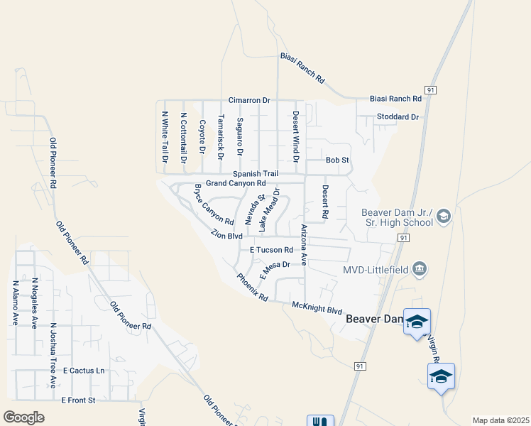 map of restaurants, bars, coffee shops, grocery stores, and more near Lake Mead Drive in Littlefield
