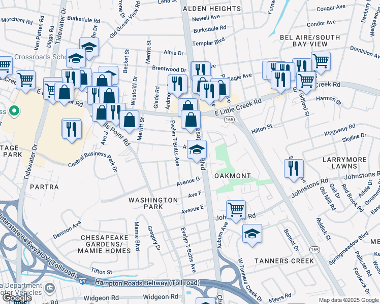 map of restaurants, bars, coffee shops, grocery stores, and more near 975 Avenue I in Norfolk