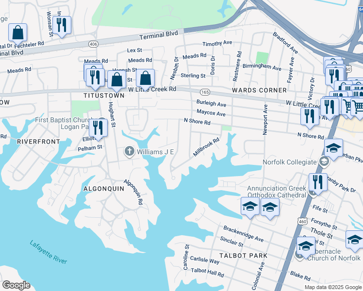 map of restaurants, bars, coffee shops, grocery stores, and more near 7330 Colony Point Road in Norfolk