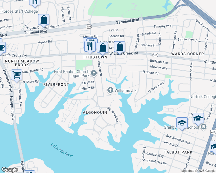 map of restaurants, bars, coffee shops, grocery stores, and more near 1036 Willingham Street in Norfolk