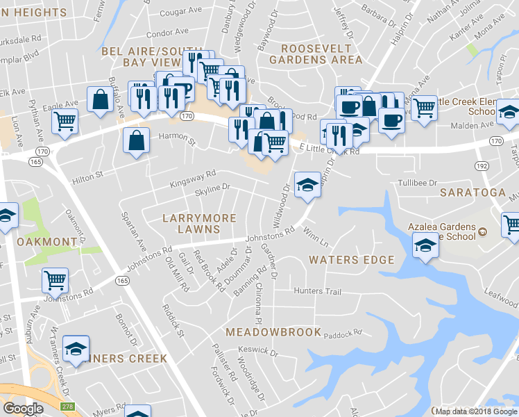 map of restaurants, bars, coffee shops, grocery stores, and more near 7425 Gardner Drive in Norfolk