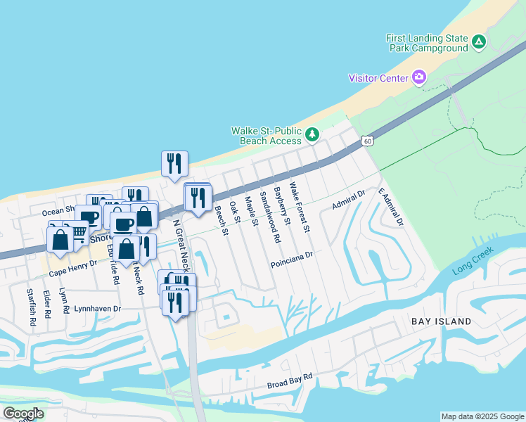 map of restaurants, bars, coffee shops, grocery stores, and more near 2245 Sandalwood Road in Virginia Beach