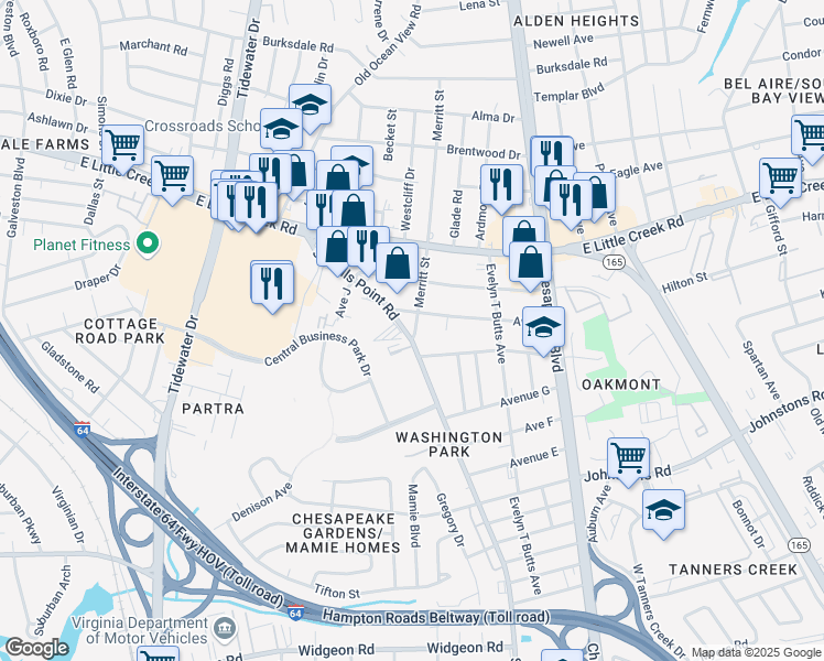 map of restaurants, bars, coffee shops, grocery stores, and more near 7514 Sewells Point Road in Norfolk