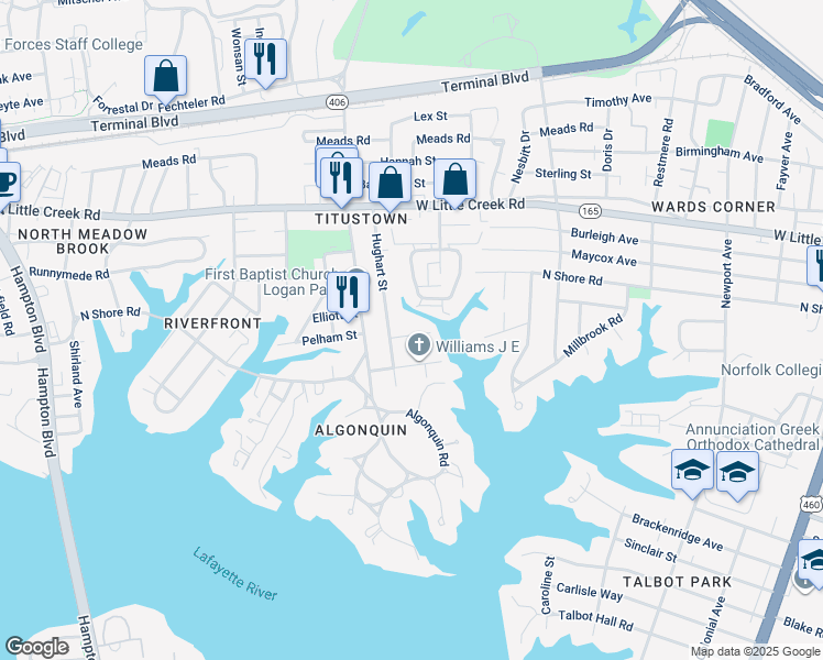 map of restaurants, bars, coffee shops, grocery stores, and more near 1036 Willingham Street in Norfolk
