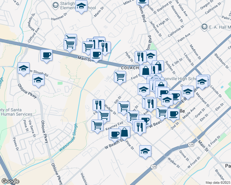 map of restaurants, bars, coffee shops, grocery stores, and more near 236 Ford Street in Watsonville