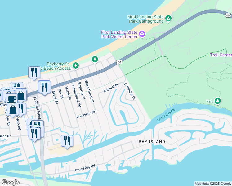 map of restaurants, bars, coffee shops, grocery stores, and more near 2217 Kendall Street in Virginia Beach