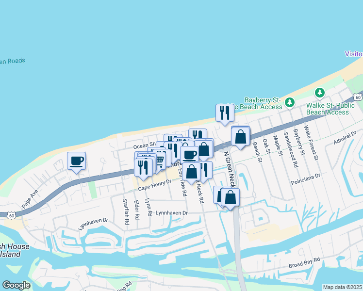 map of restaurants, bars, coffee shops, grocery stores, and more near 2303 Sandollar Court in Virginia Beach