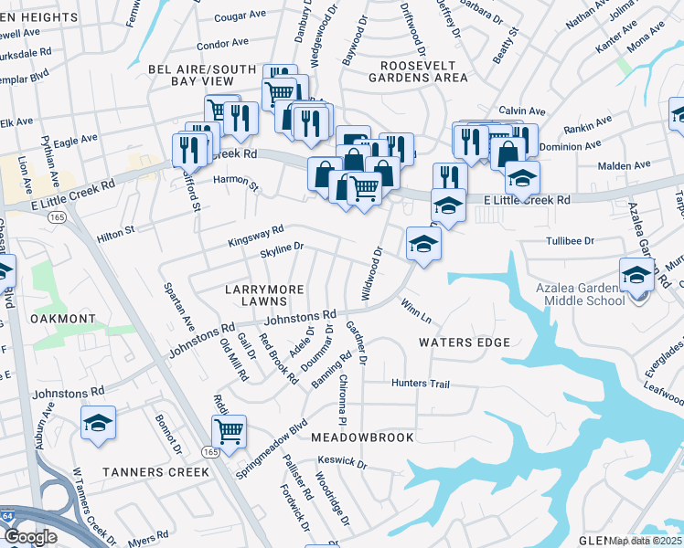 map of restaurants, bars, coffee shops, grocery stores, and more near 7425 Gardner Drive in Norfolk