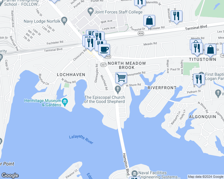 map of restaurants, bars, coffee shops, grocery stores, and more near 7409 Gleneagles Road in Norfolk