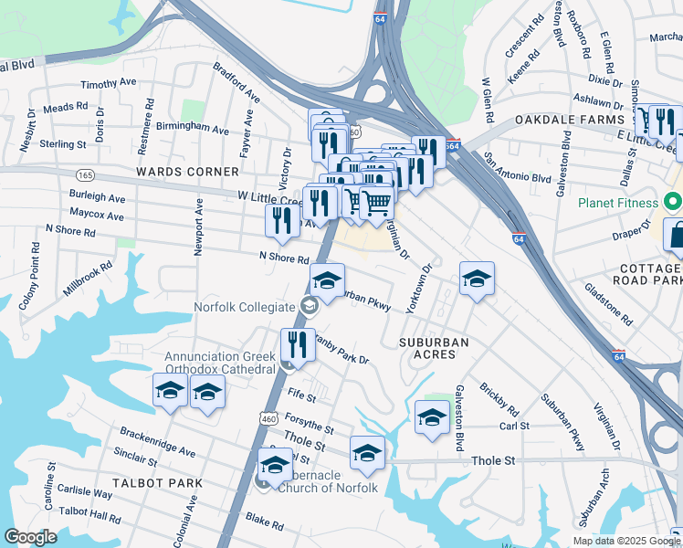 map of restaurants, bars, coffee shops, grocery stores, and more near 100 Suburban Parkway in Norfolk