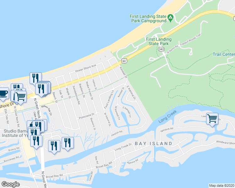 map of restaurants, bars, coffee shops, grocery stores, and more near 2217 Kendall Street in Virginia Beach