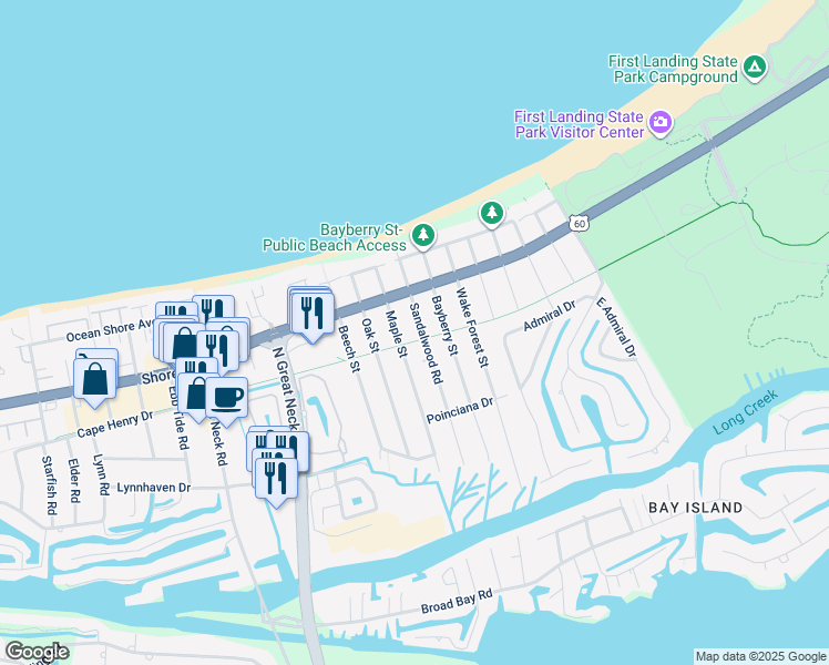map of restaurants, bars, coffee shops, grocery stores, and more near 2245 Sandalwood Road in Virginia Beach