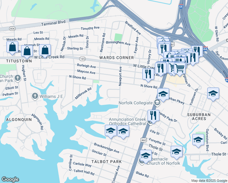 map of restaurants, bars, coffee shops, grocery stores, and more near 452 Hariton Court in Norfolk