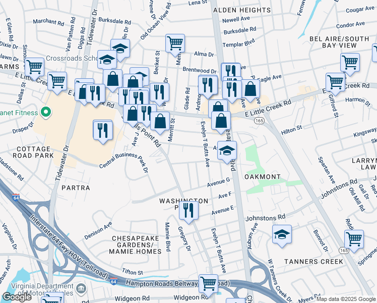 map of restaurants, bars, coffee shops, grocery stores, and more near 923 Avenue I in Norfolk