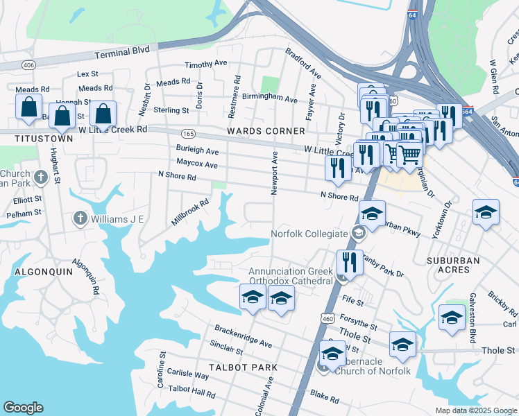 map of restaurants, bars, coffee shops, grocery stores, and more near 452 Hariton Court in Norfolk