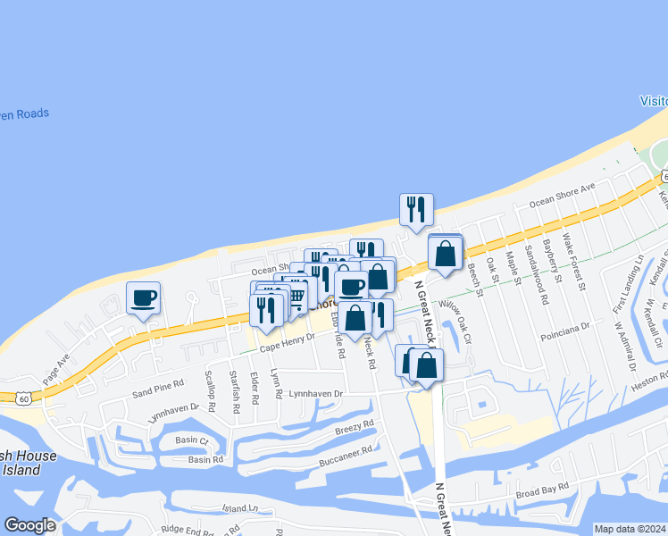 map of restaurants, bars, coffee shops, grocery stores, and more near 2322 Sandollar Court in Virginia Beach