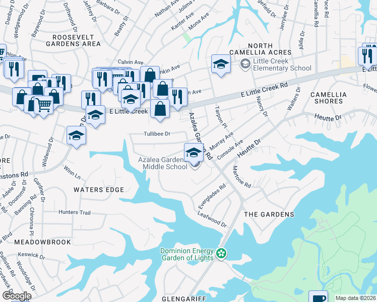 map of restaurants, bars, coffee shops, grocery stores, and more near 2489 Stribling Lane in Norfolk