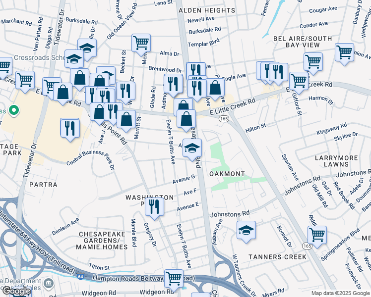 map of restaurants, bars, coffee shops, grocery stores, and more near 975 Avenue I in Norfolk