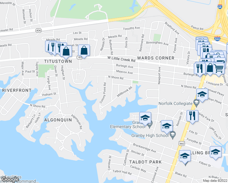 map of restaurants, bars, coffee shops, grocery stores, and more near 7342 Millbrook Road in Norfolk