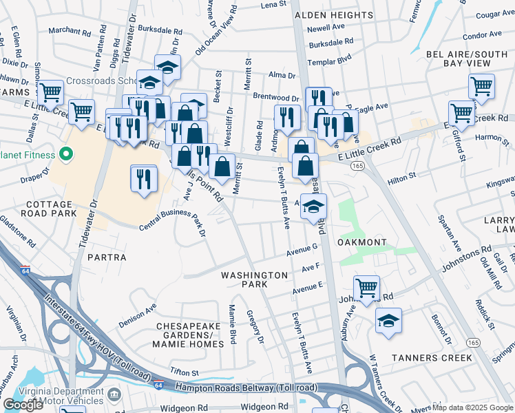 map of restaurants, bars, coffee shops, grocery stores, and more near 7512 Paulin Court in Norfolk