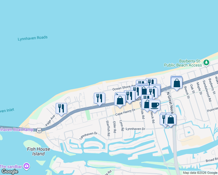 map of restaurants, bars, coffee shops, grocery stores, and more near 2425 Ocean Shore Crescent in Virginia Beach