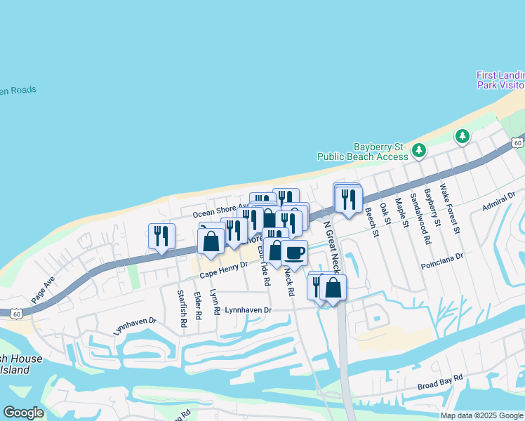 map of restaurants, bars, coffee shops, grocery stores, and more near 2303 Sandollar Court in Virginia Beach