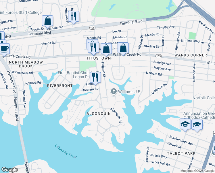 map of restaurants, bars, coffee shops, grocery stores, and more near 1035 Willingham Street in Norfolk