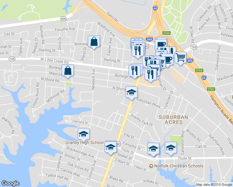 map of restaurants, bars, coffee shops, grocery stores, and more near 7351 Colonial Avenue in Norfolk